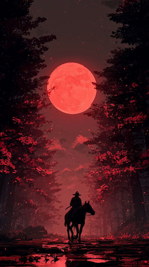 Silhouette of a horseback rider traversing a moonlit forest path beneath a vibrant blood-red full moon reflection.