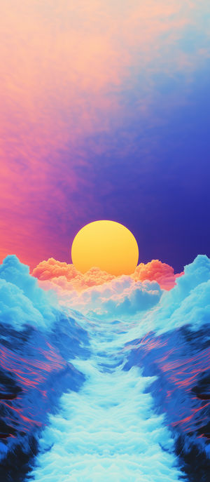 Vibrant abstract ocean scene with neon waves leading up to a glowing yellow sun rising behind pastel clouds.