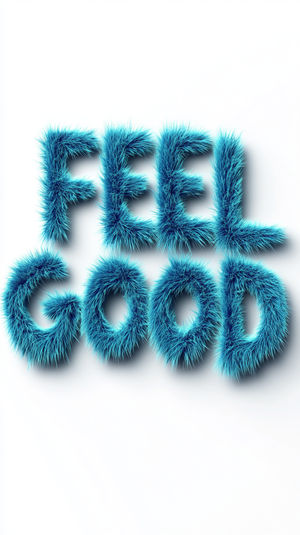 Close-up of bold blue fluffy letters spelling 'FEEL GOOD' on a clean white background.