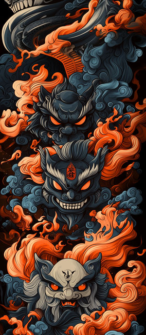 Stylized Japanese oni demon masks with glowing eyes in a dark fantasy scene of swirling blue-gray clouds and vibrant orange flames.