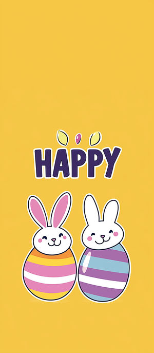 Two smiling white bunnies with striped egg-shaped bodies under purple "HAPPY" text on a bright yellow background