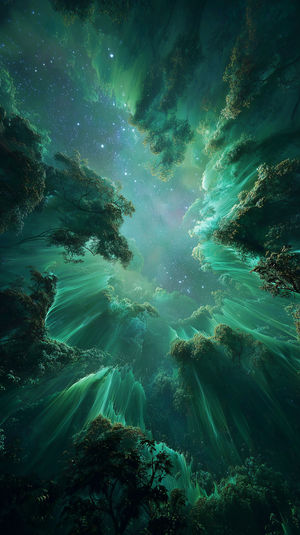 Bottom-up view of an enchanted green forest canopy framing a luminous aurora and starry night sky with ethereal light beams.