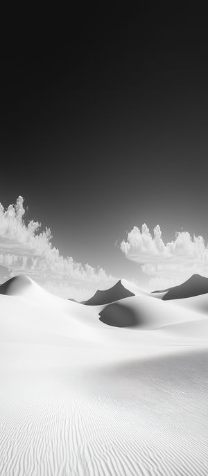 Black and white minimal landscape of smooth desert sand dunes under a dark sky with scattered clouds