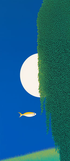 Golden fish swimming beneath cascading willow branches before a full white moon on a deep blue background.
