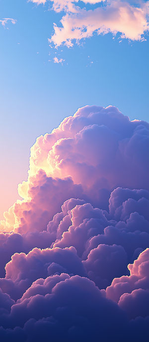 Pastel pink and purple cumulus clouds filling the sky at sunset, with soft light illuminating fluffy cloud tops.