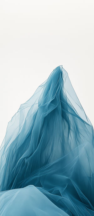 Minimalist abstract wallpaper featuring translucent blue fabric draped into a mountain-like peak against a white backdrop