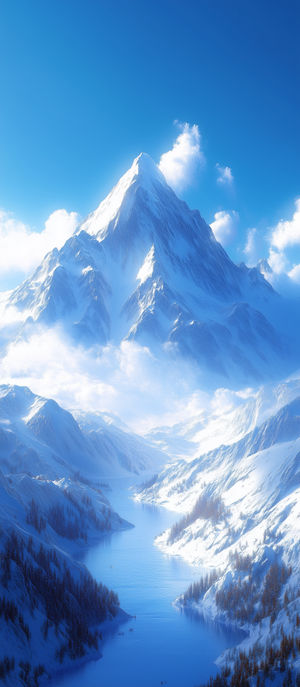 4K wallpaper of a snow-covered mountain peak overlooking a calm river in a bright blue sky and misty winter valley