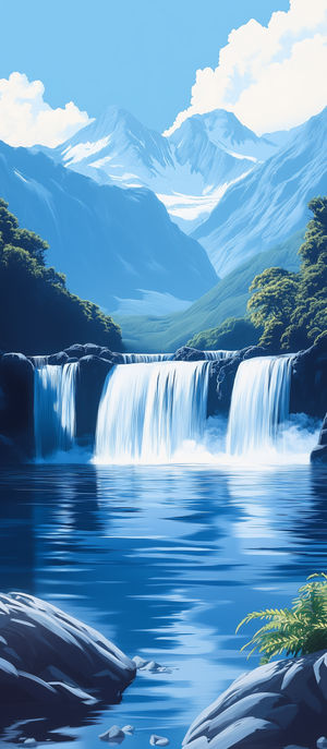 Snow-capped mountains with a lush forest waterfall flowing into a calm reflective pool under a bright blue sky.