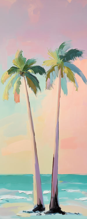 Oil style painting of two tall palm trees on a pastel pink and peach sky above a turquoise seascape.