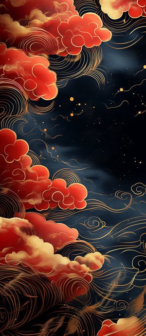 Abstract styled red and gold clouds swirling on a deep navy background with elegant gold line patterns.