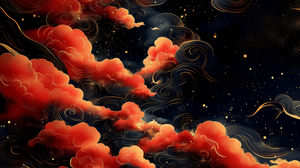 Vibrant red and gold abstract clouds swirling in a dark starry sky, with decorative golden lines and cosmic speckles.
