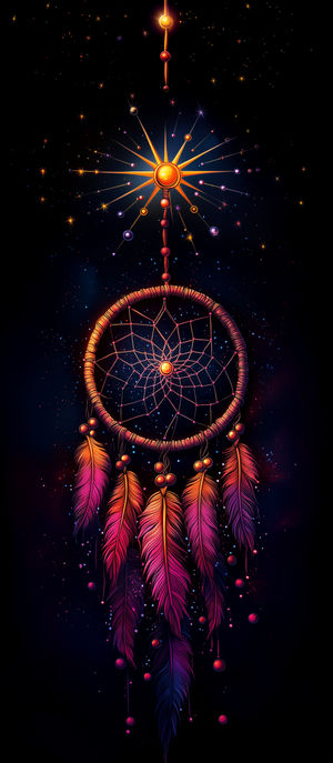 Illustration of a cosmic dreamcatcher with glowing orange and purple feathers hanging against a dark starry background.