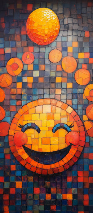 Colorful mosaic tile artwork showing a large smiling face made of orange and yellow tiles against a blue and red grid background.