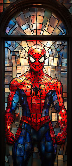 Stained glass window depicting Spider-Man in red and blue suit with sunlight streaming through colorful mosaic panels.