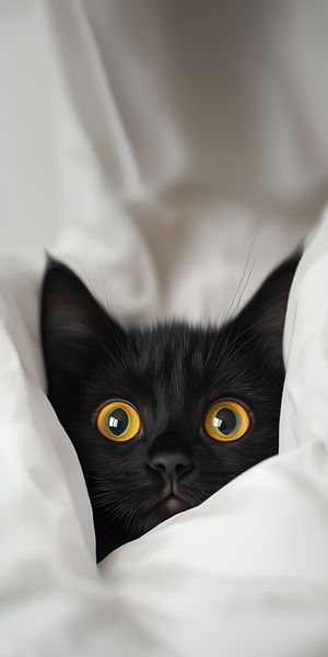 Black Cat Peeking Through Sheets