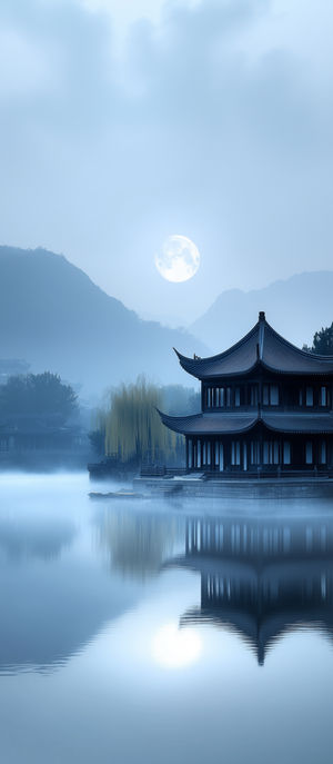 Moonlit Lakeside Pavilion
