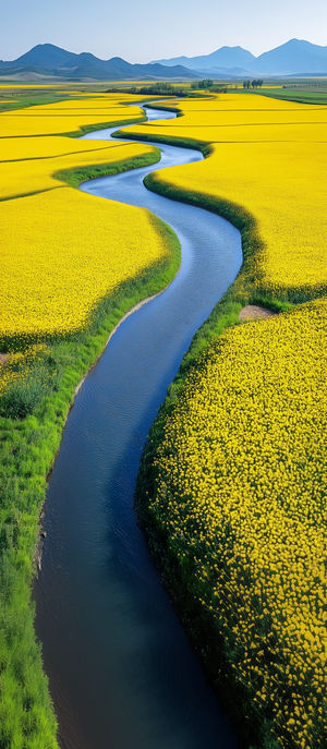 Aerial view of a serpentine river flowing through expansive golden canola fields with distant mountains under a clear sky.