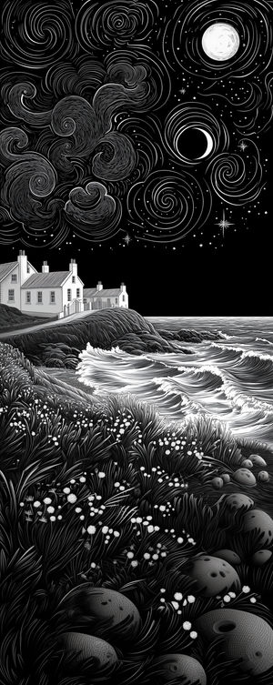 Black-and-white 4K illustration of a star-filled night sky over coastal houses with swirling clouds and crashing waves