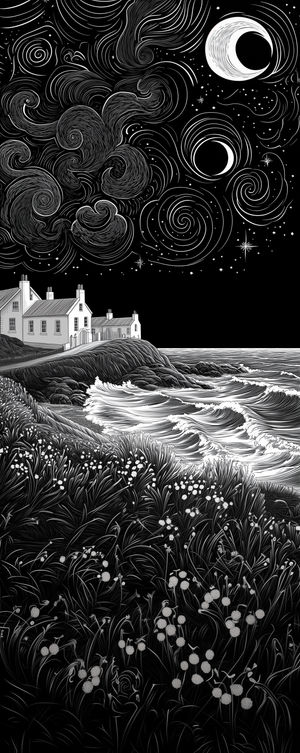 Black-and-white line art of a coastal cliff village under a swirling starry sky with crescent moons and wildflowers on the shore.