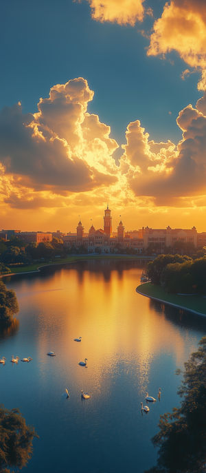 Golden sunset casts warm light on swans gliding on a reflective lake below a grand castle with dramatic clouds.