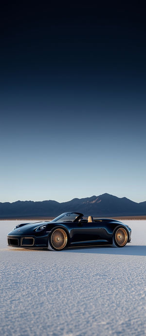 Black convertible sports car parked on bright white salt flats with mountains in the background under a clear gradient sky.