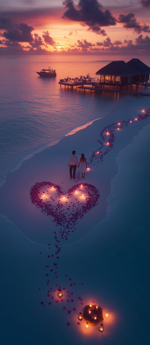 Couple walking along a petal-lined sandbar with glowing lanterns toward overwater bungalows at pink sunset.