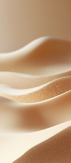 Abstract 4K wallpaper featuring soft, rolling desert dunes with shimmering sand particles under warm, golden light.