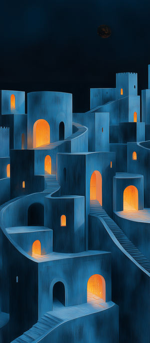 Surreal abstract blue-hued architectural maze with winding staircases and glowing orange doorways under a dark sky.