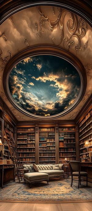 Ornate library interior with tall wooden bookshelves surrounding a cozy sofa under a circular dome showing a sunset sky.