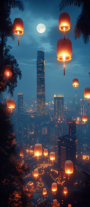 Nighttime urban skyline with glowing sky lanterns drifting above skyscrapers and palm trees under a bright full moon.