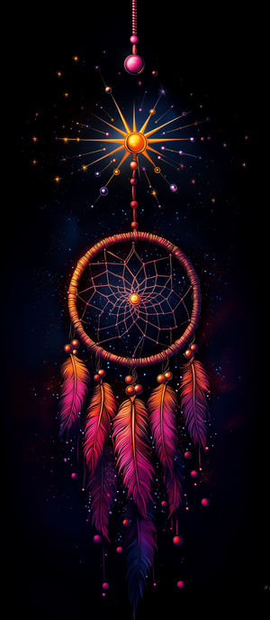 Dreamcatcher with glowing orange sun and pink-purple feathers hanging in a dark star-filled cosmic backdrop.