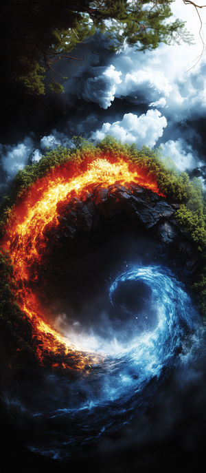 Swirling vortex blending fiery lava and crashing ocean waves in a yin-yang formation against a cloudy sky