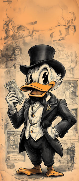 Scrooge McDuck illustration wearing a top hat and suit, holding dollar bills on a sepia-toned textured sketch background.