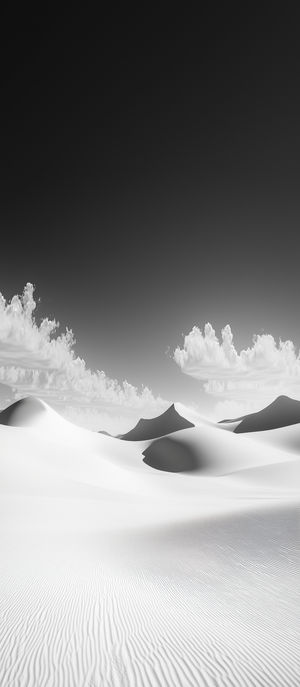 Monochrome minimalist desert scene with smooth sand dunes beneath a dramatic cloudy sky in high-resolution grayscale