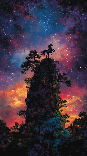 Silhouette of a unicorn rearing on a rocky summit surrounded by cosmic nebula clouds and a vibrant starry sky.