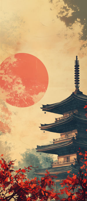 Traditional multi-tiered Japanese pagoda framed by red autumn leaves under a large red sun in a pastel sky