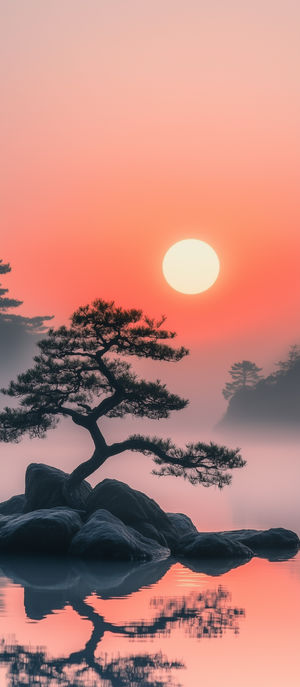 Silhouette of a lone pine tree on a rocky islet reflecting on a calm misty lake under a soft pink-orange sunrise sky.