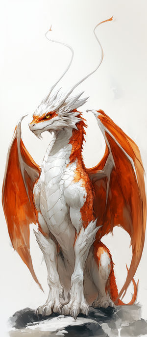 A majestic white dragon with orange scales standing on a rocky outcrop against a light background.