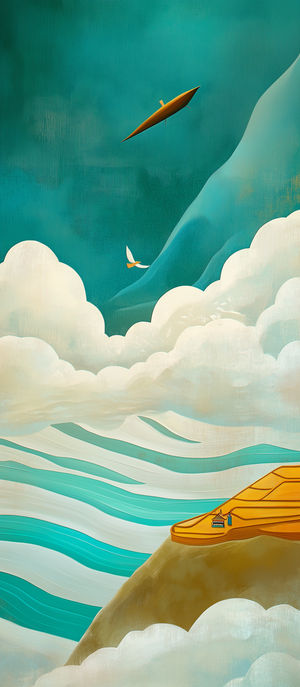 Aerial view of a wooden boat above swirling teal waves and fluffy clouds in a minimalist abstract painting.