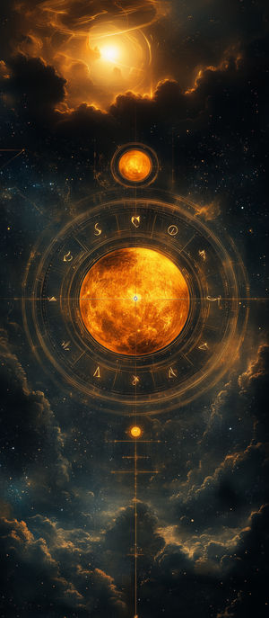 A glowing golden sun mandala with zodiac symbols against dark cosmic clouds and starry background, evoking celestial mystery.
