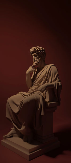 Side view of a seated marble philosopher statue with curly hair and beard, draped in robes against a dark red background.