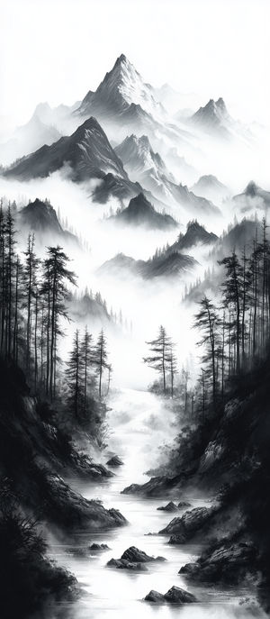 Black and white digital art of misty mountains with towering pine trees and a winding forest stream.