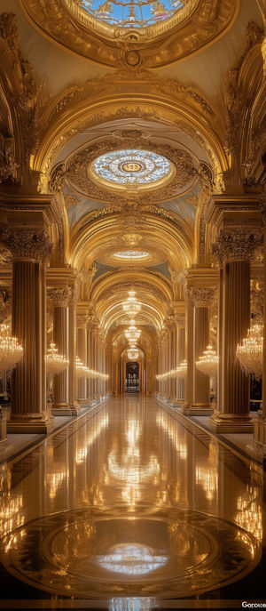 A grand palace corridor with gilded arches, crystal chandeliers, and polished marble floor reflecting golden light