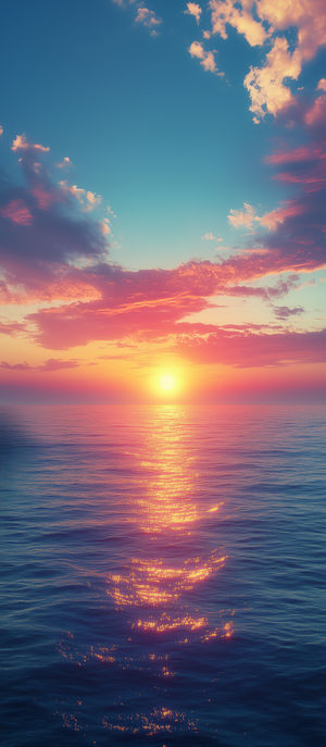 A vivid sunset above a calm ocean horizon, pink and golden clouds reflected on tranquil blue waters.