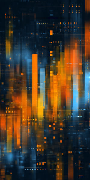 Abstract futuristic cityscape wallpaper with vertical glowing orange and blue bars, digital grid, light streaks and subtle tech details.