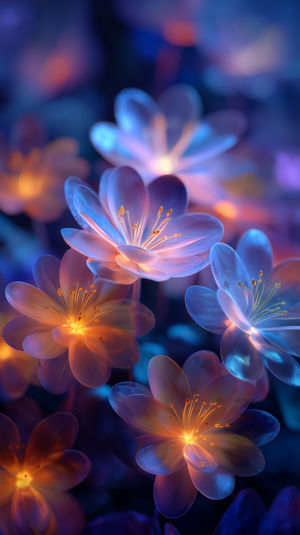 Close-up of glowing neon flowers with luminescent blue and orange petals illuminating a dark background