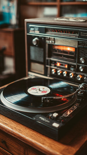 Close-up of a spinning vinyl record on a classic wooden turntable with the tonearm engaged and a glowing vintage receiver