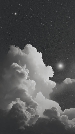 High-contrast monochrome view of towering cumulus clouds beneath a dense starfield with a bright celestial glow.