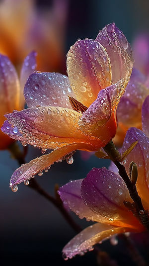 Close-up macro shot of an orange and purple flower branch covered in glistening dew drops against a dark background.