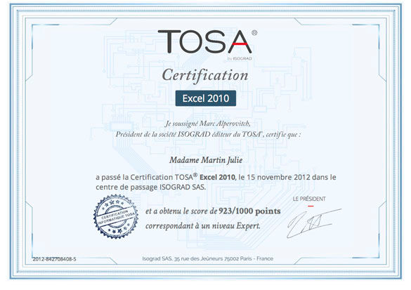 Exemple de diplôme TOSA